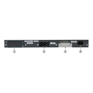 نمای پشت سوئیچ شبکه سیسکو WS-C2960S-48TS-L شامل فن، کانکتور RPS و ورودی برق